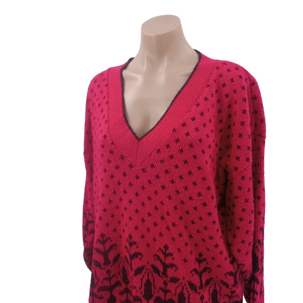 Vintage 80s Classic Essentials Pink Black Sweater Size 20 W Plus V Neck Bird Eye - Picture 2 of 7